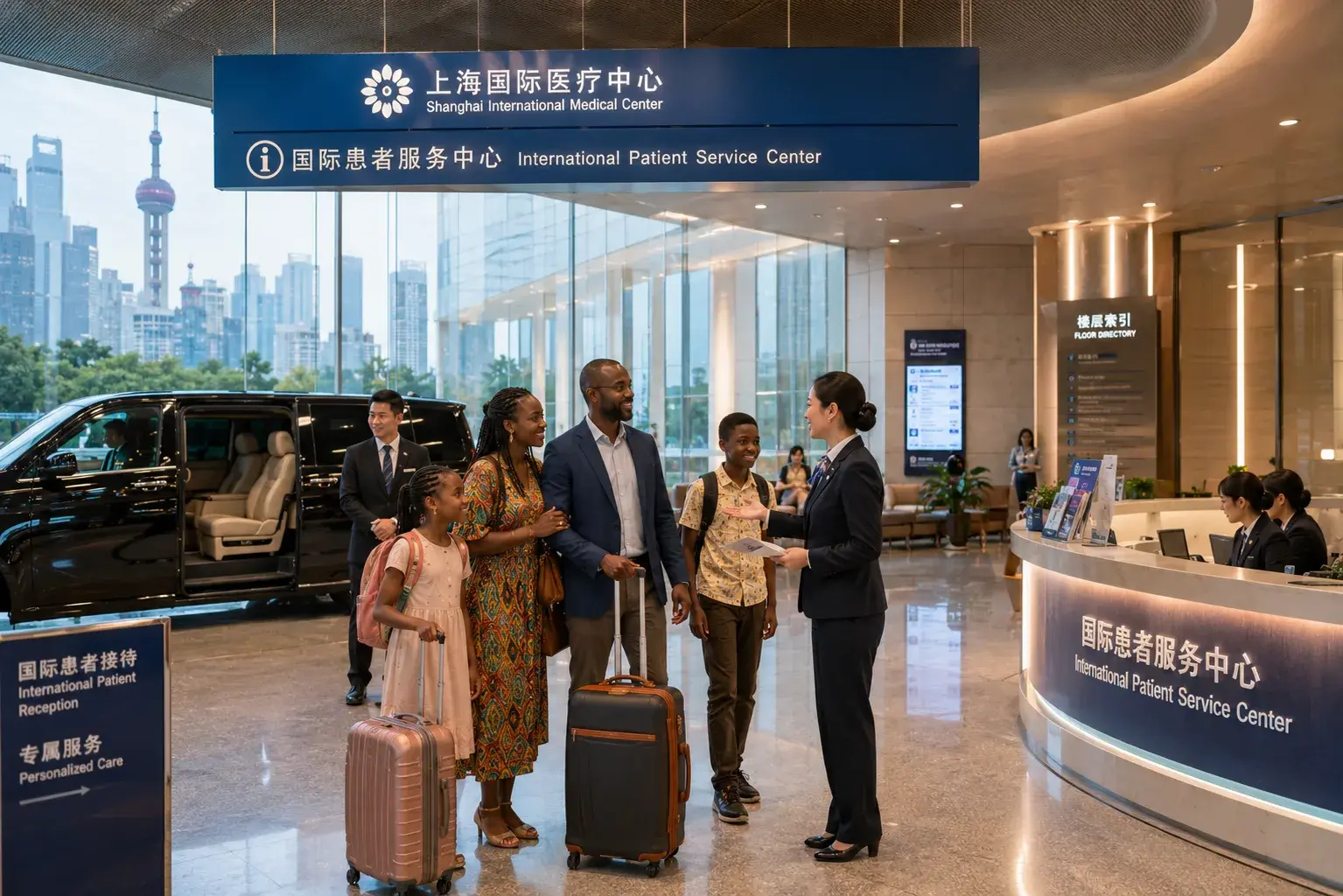 African family arriving at a Shanghai hospital's international patient centre